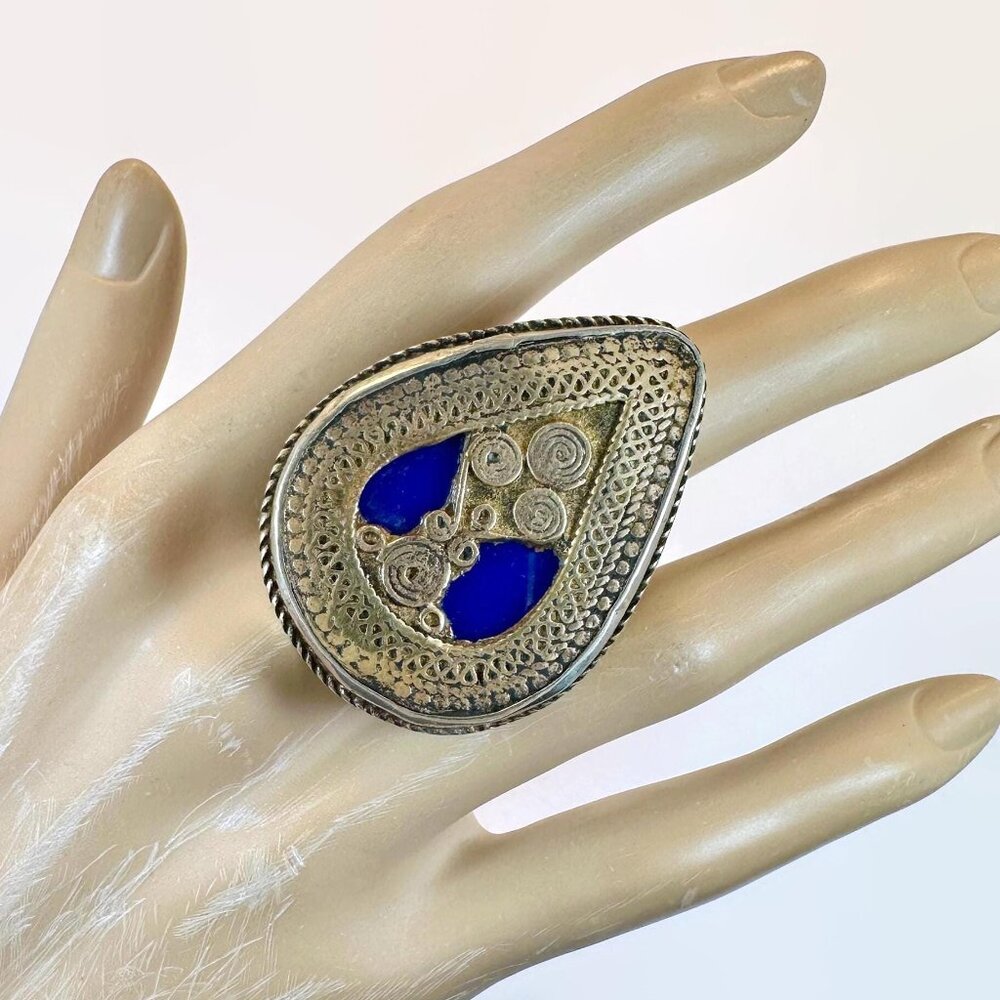 Vintage Boho Ring: Afghan Middle Eastern Brass Large Blue Enamel